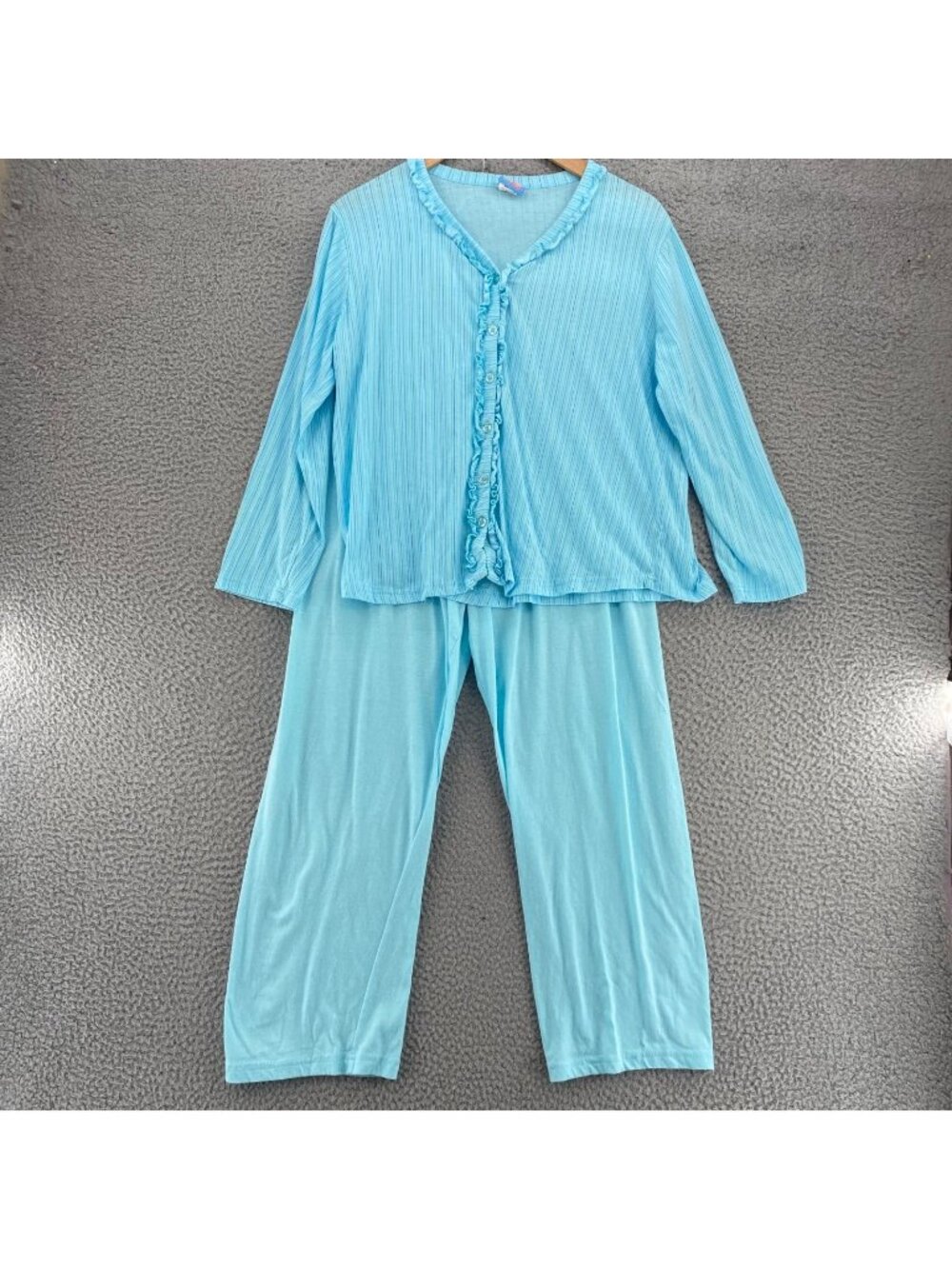 Moon Beams Pajama Set Womens Medium Blue Striped Ruffle Button Up Shirt Capri